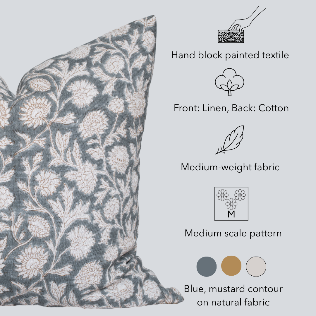 Estelle Floral Block Printed Pillow Cover | Blue, Mustard
