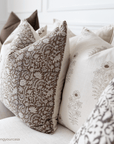 Ella Floral Block Printed Pillow Cover | Light Brown + Terracotta Detail