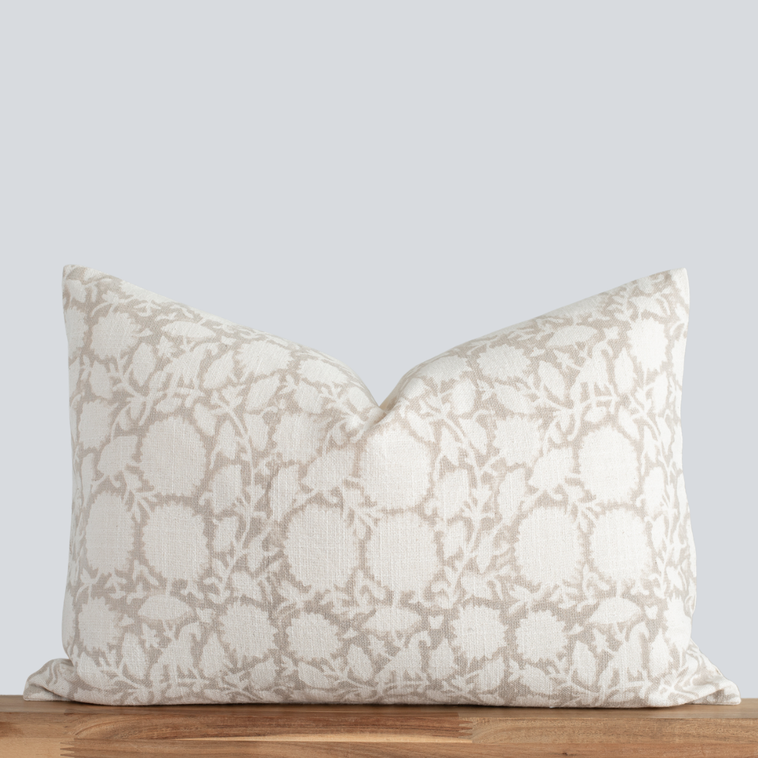 ** ARTISAN VARIATION ** Luana Floral Block Printed Pillow Cover | Beige/Brown | Lumbar