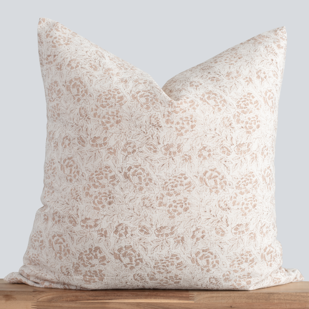 Abril Floral Block Printed Pillow Cover | Light Brown/Rose