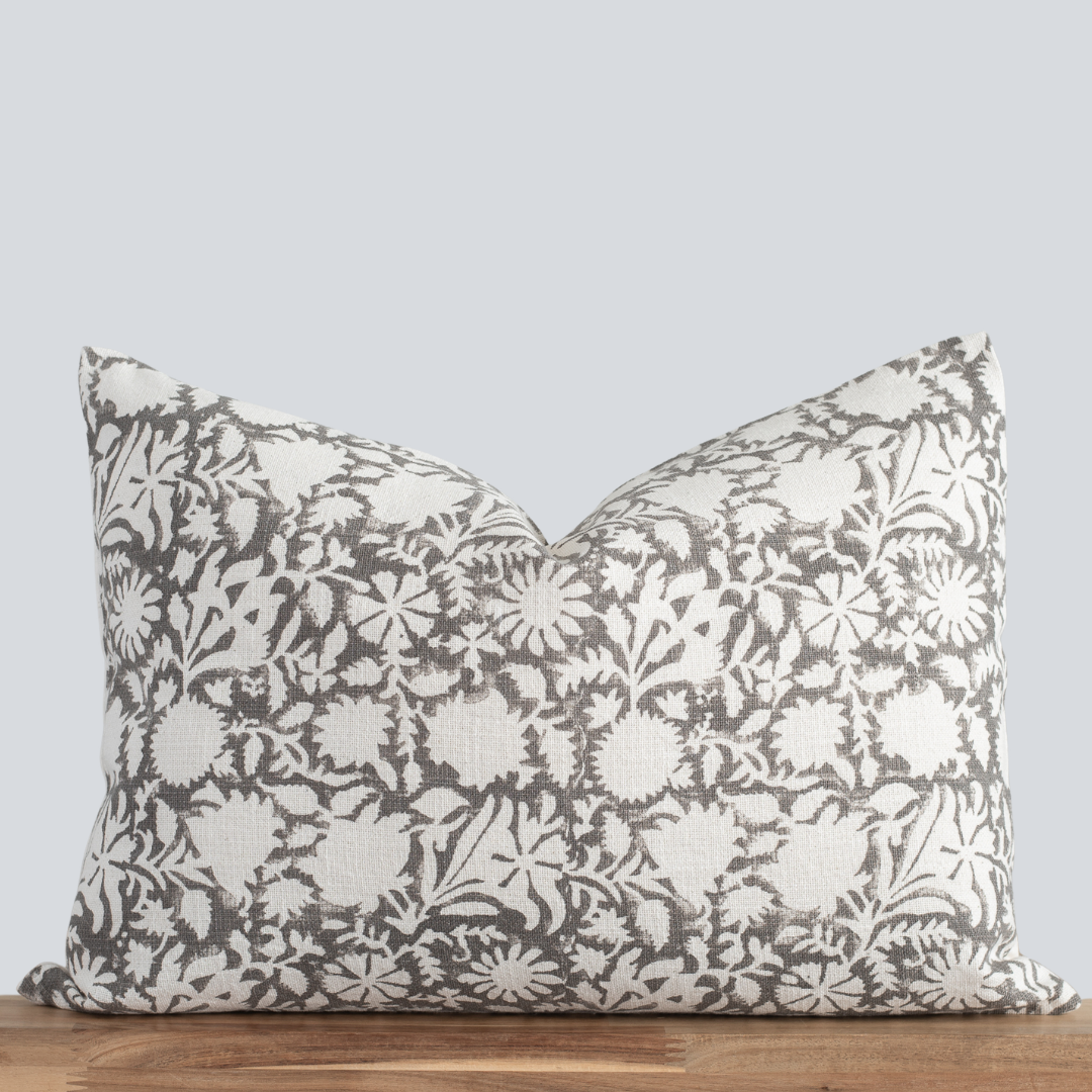 Dara Floral Block Printed Pillow Cover | Grey | Lumbar