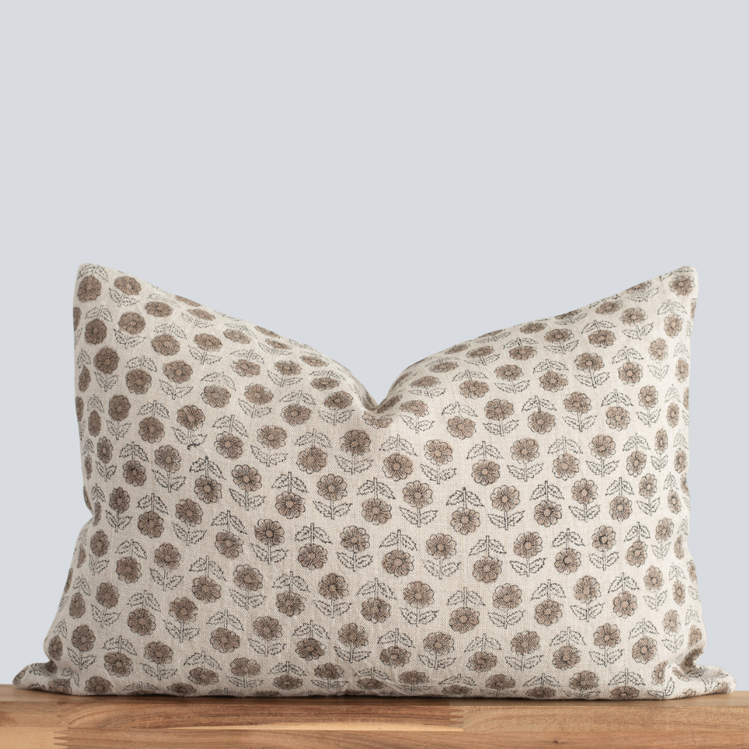 Vera Floral Block Printed Pillow Cover | Brown | Lumbar