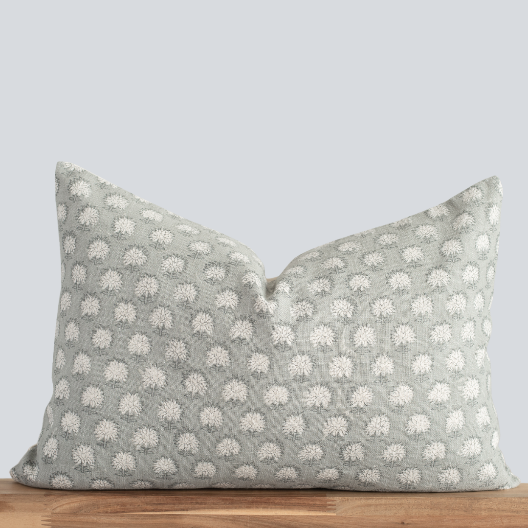 Augustine Floral Block Printed Pillow Cover | Blue | Lumbar