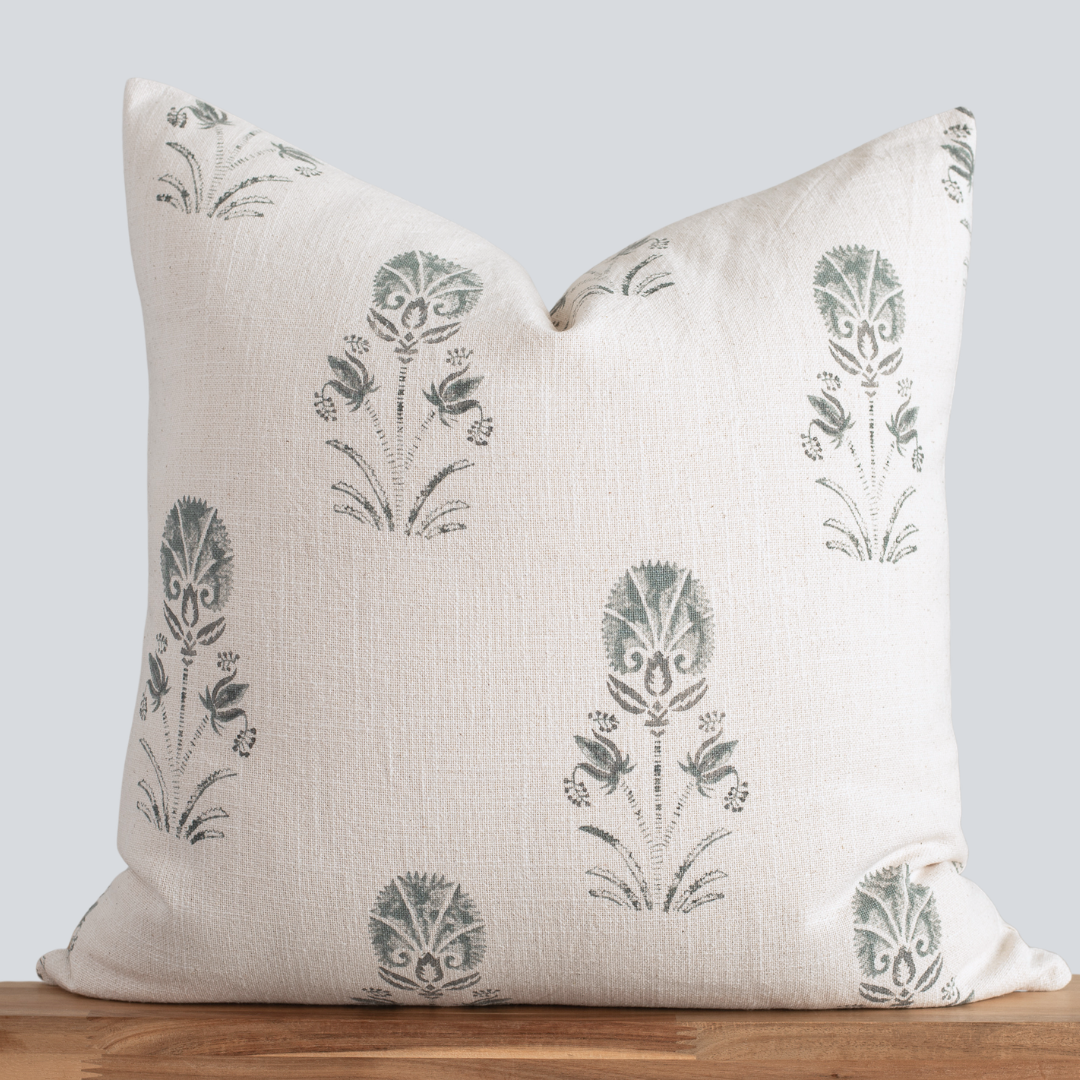** ARTISAN VARIATION ** Devi Floral Block Printed Pillow Cover | Teal /Blue