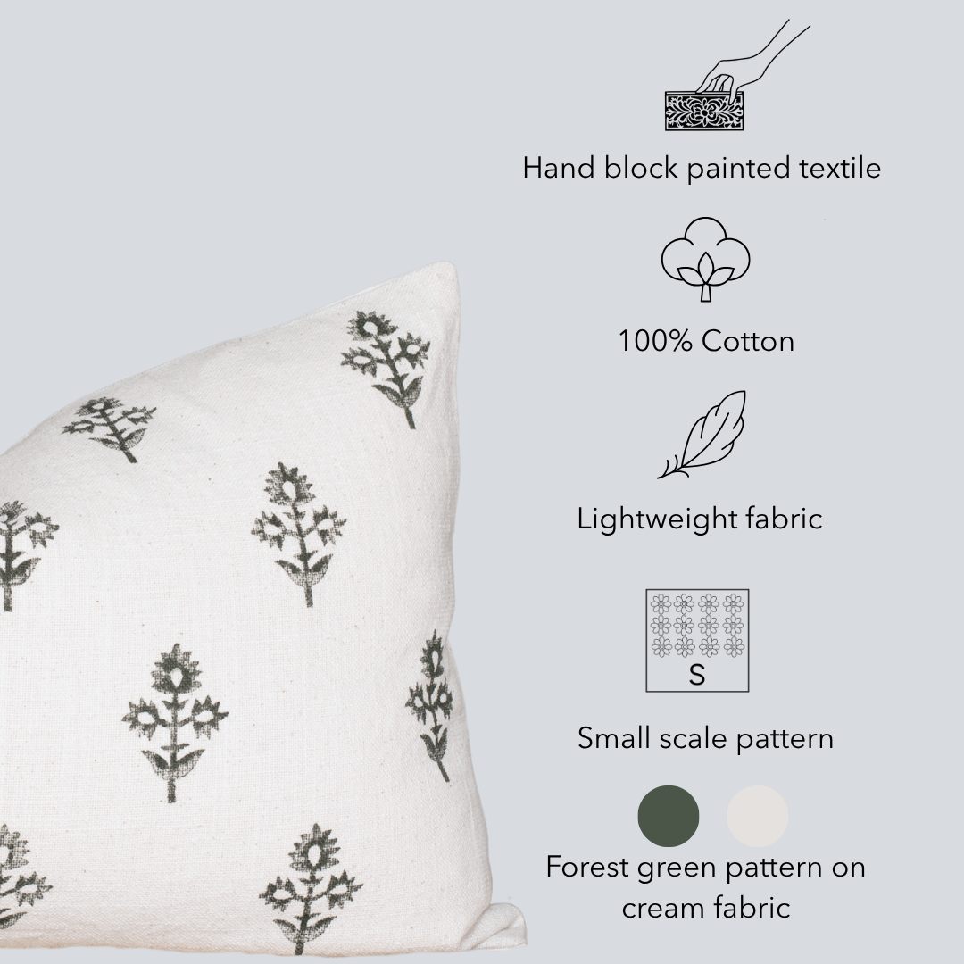 Mia Floral Block Printed Pillow Cover | Forest Green | Lumbar