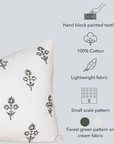 Mia Floral Block Printed Pillow Cover | Forest Green | Lumbar