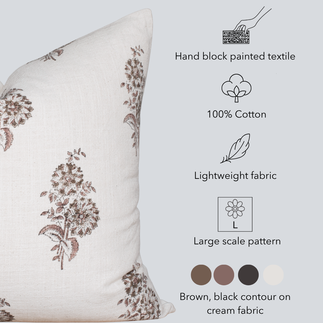 Marisol Floral Block Printed Pillow Cover | Brown