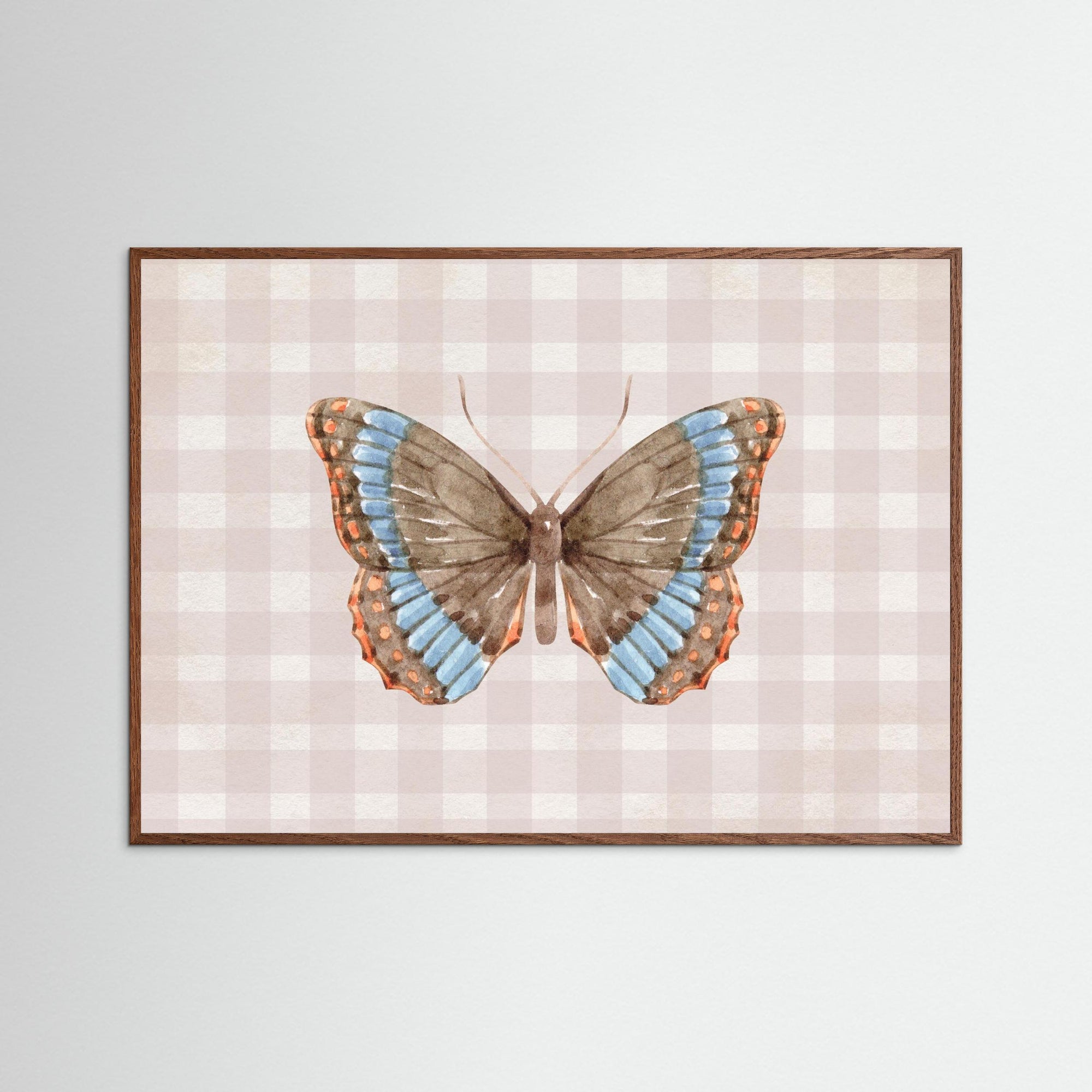Butterfly on Gingham Art Print | Vintage Cottage Wall Art Oak Dark