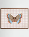 Butterfly on Gingham Art Print | Vintage Cottage Wall Art Oak Dark