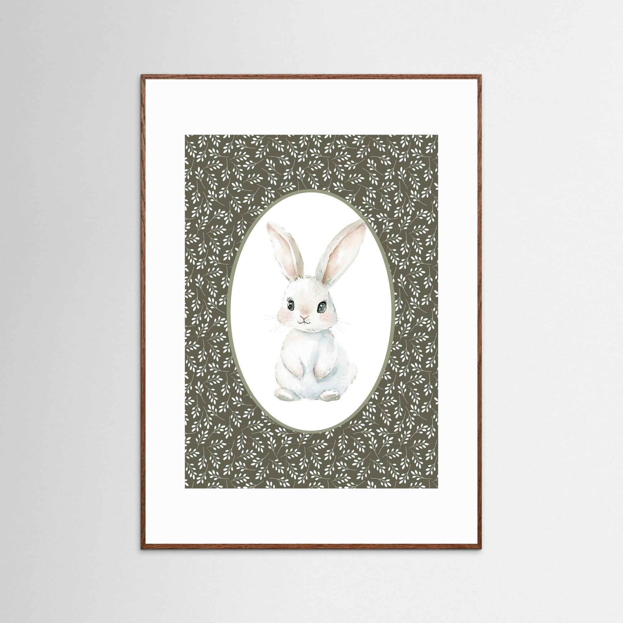 Bunny Green Botanical Art Print | Children's Room &amp; Nursery Wall Art Oak Dark White