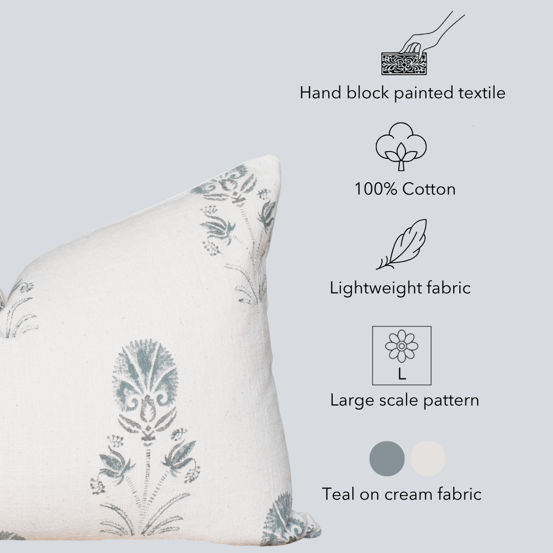 Devi Floral Block Printed Pillow Cover | Teal Green/Blue | Lumbar