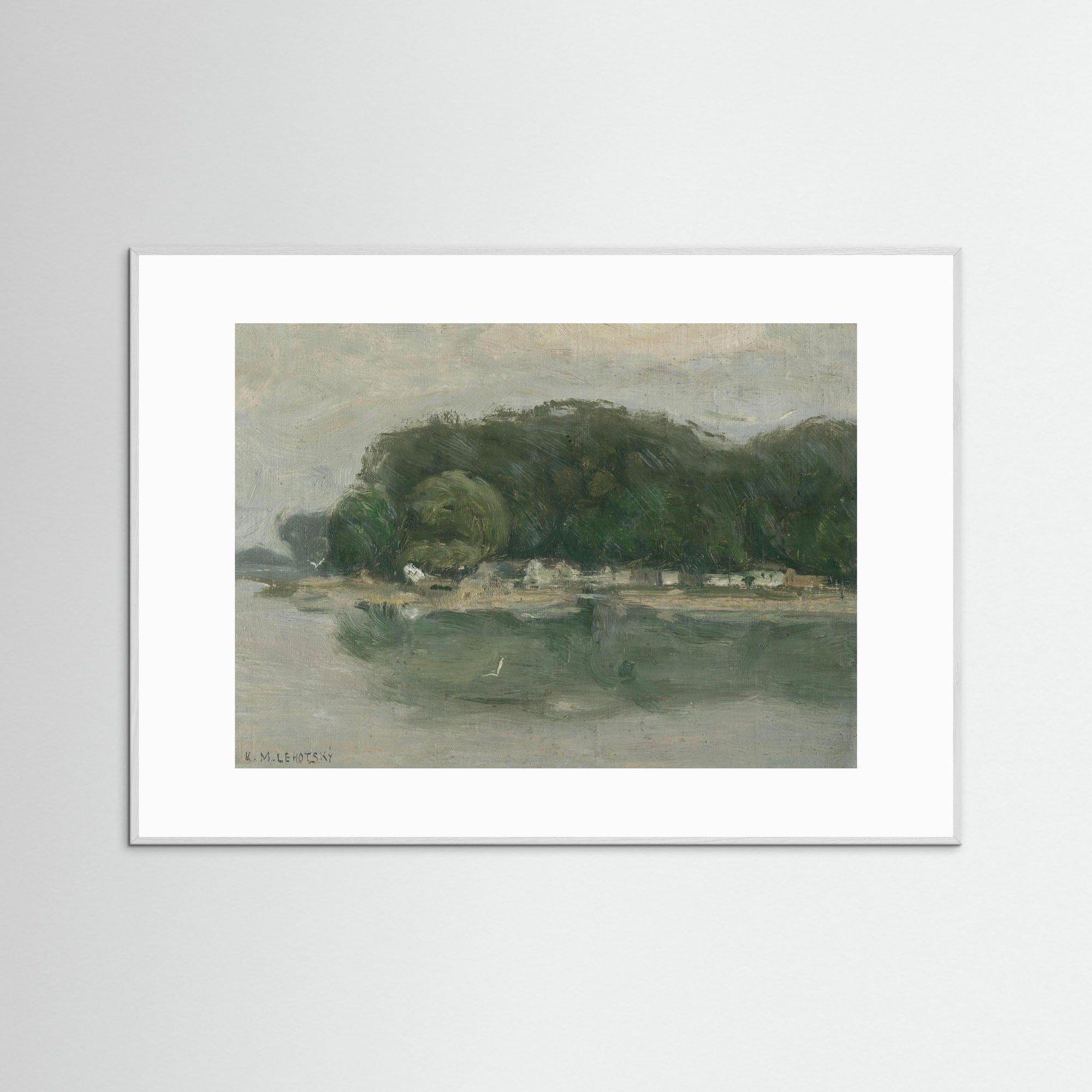 Vintage European Riverside Village Landscape Fine Art Print White Wood White