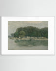 Vintage European Riverside Village Landscape Fine Art Print White Wood White