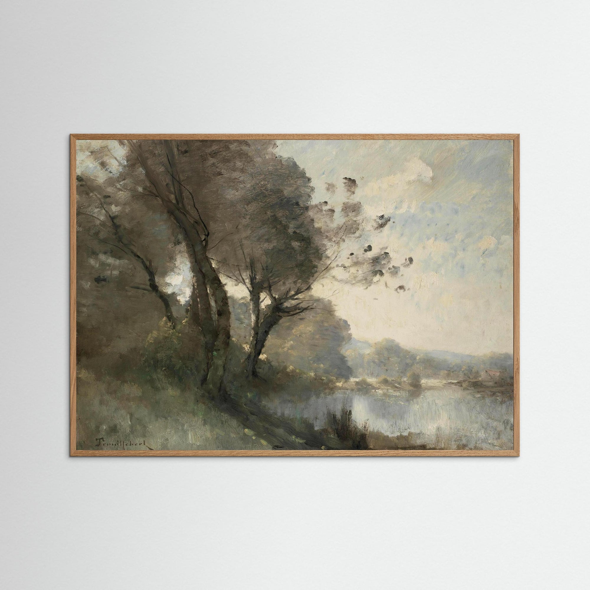 Vintage Riverside Landscape with Trees Fine Art Print Oak Nature No border