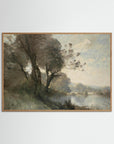 Vintage Riverside Landscape with Trees Fine Art Print Oak Nature No border