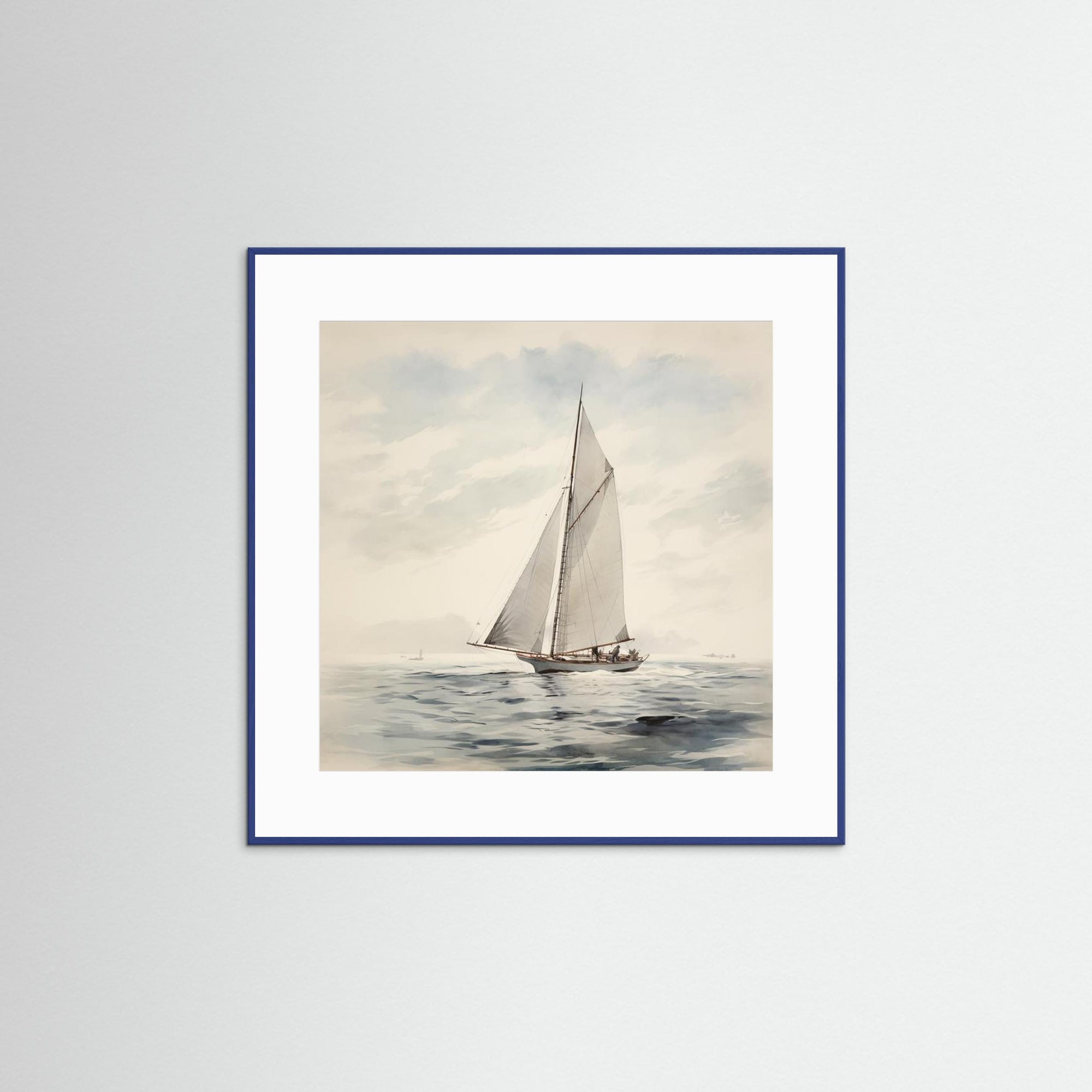 Soft Neutral Ocean Sailboat Print Blue Wood White