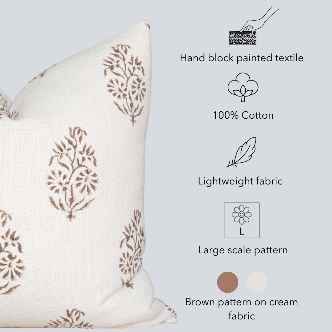 Solana Floral Block Printed Pillow Cover | Brown