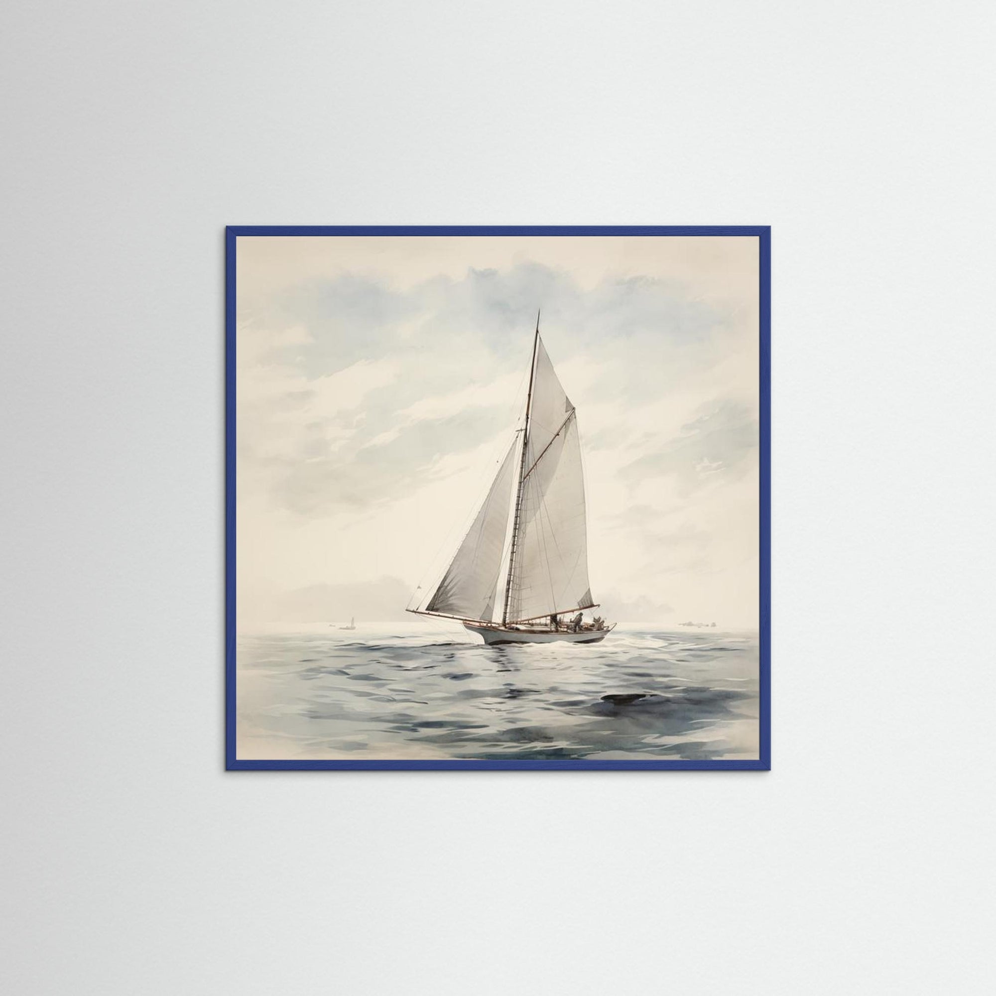 Soft Neutral Ocean Sailboat Print Blue Wood No border