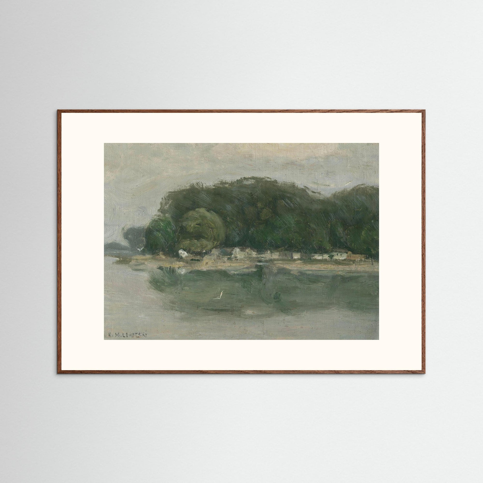 Vintage European Riverside Village Landscape Fine Art Print Oak Dark Freja