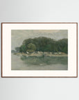 Vintage European Riverside Village Landscape Fine Art Print Oak Dark Freja