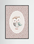 Owl Pink Botanical Art Print | Children's Room & Nursery Wall Art Black Wood