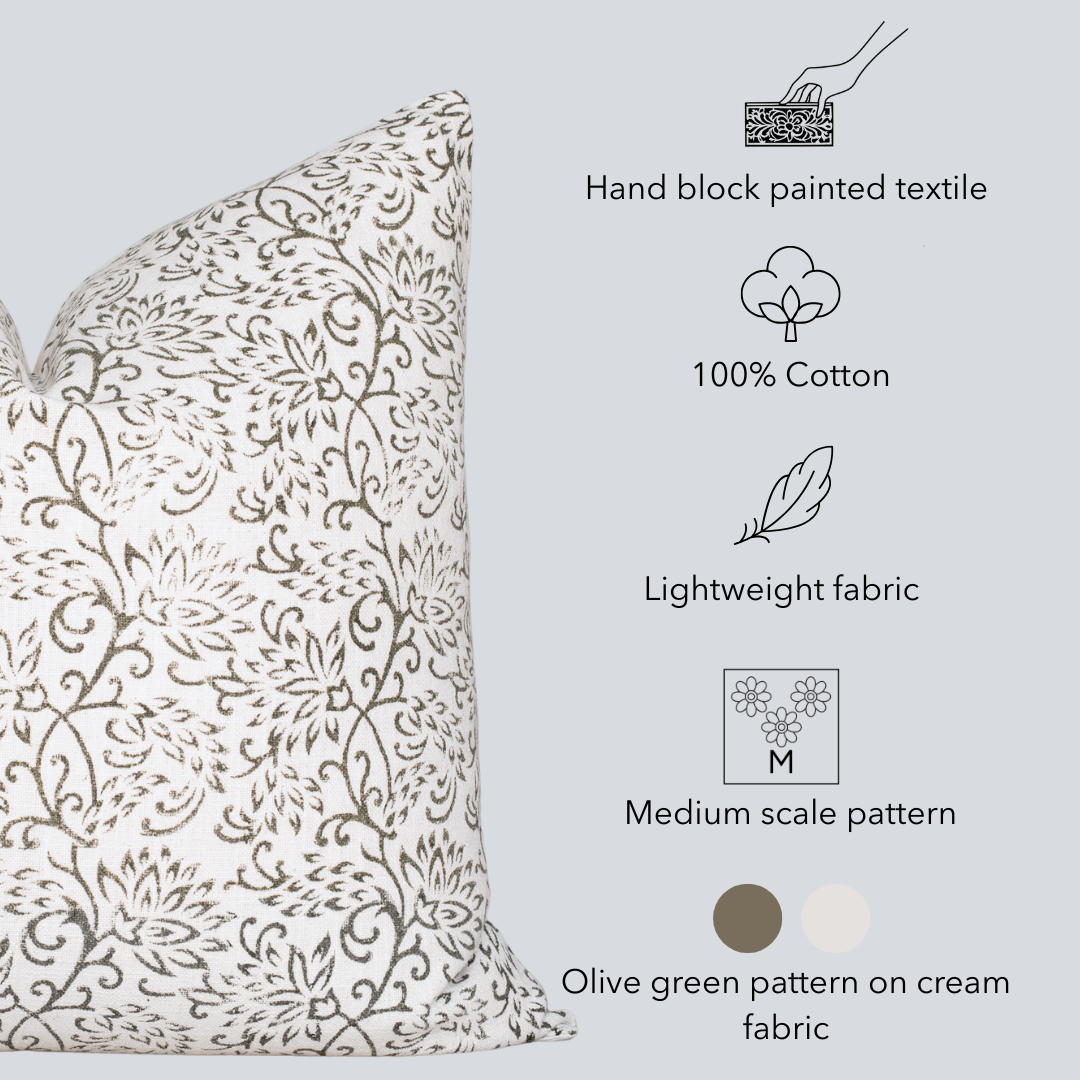 Everly Floral Block Printed Pillow Cover | Olive Green