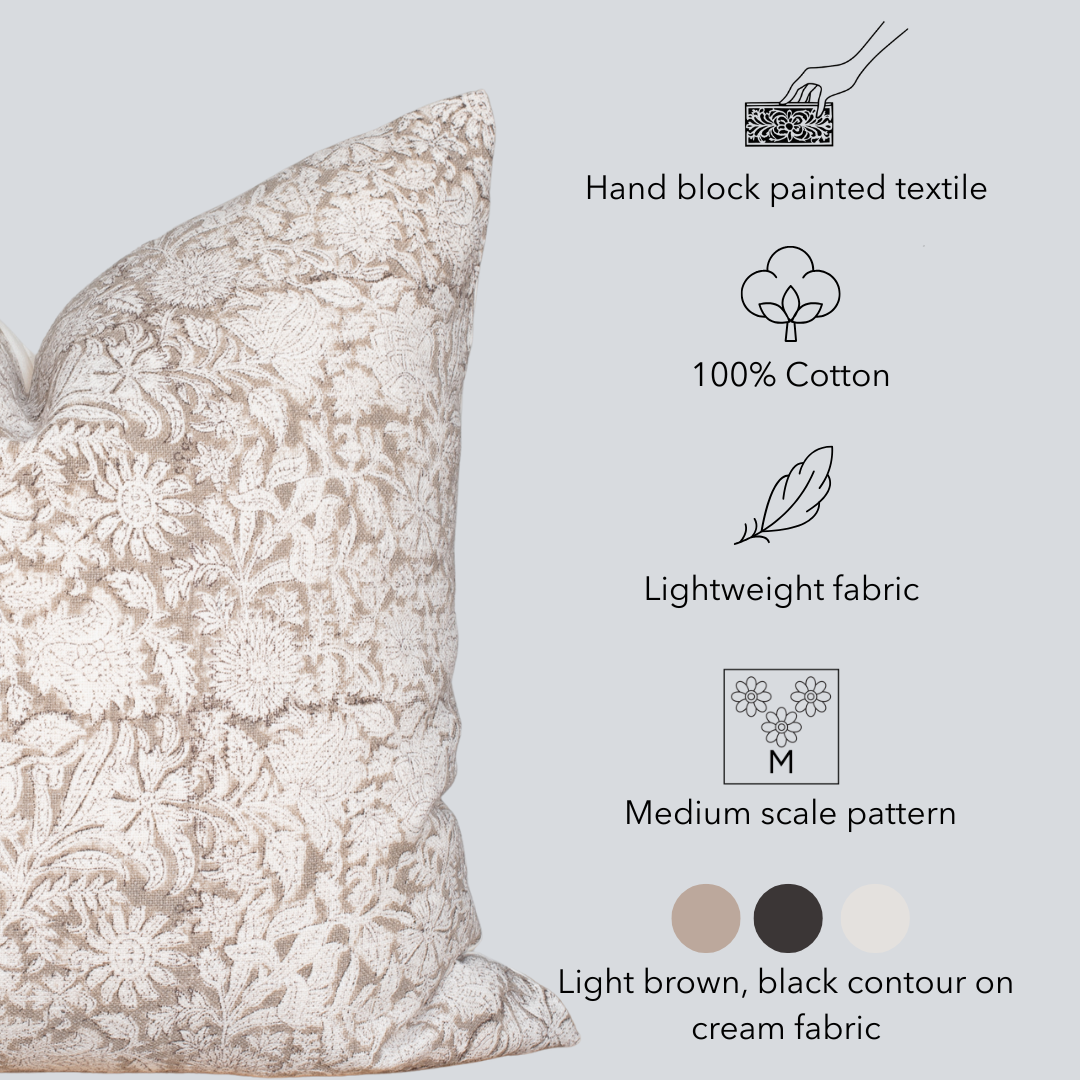 Sienna Floral Block Printed Pillow Cover | Light Brown