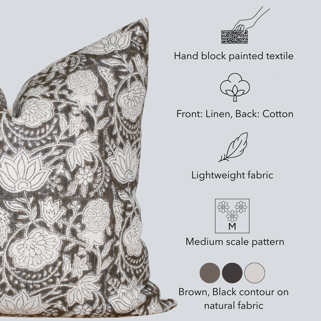 Auburn Floral Block Printed Pillow Cover | Brown