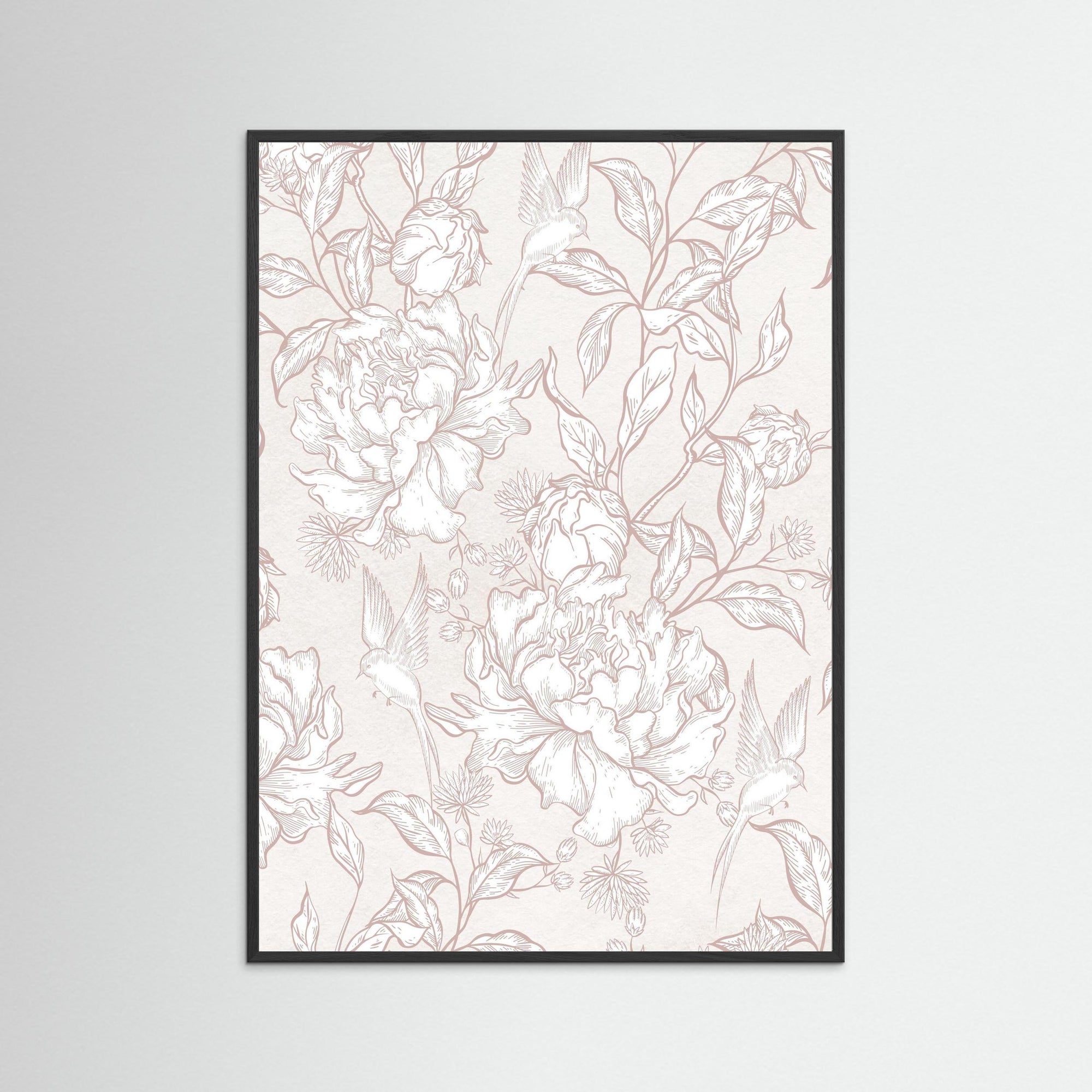 Vintage Pink Floral Pattern Art | Botanical Wall Decor Black Wood