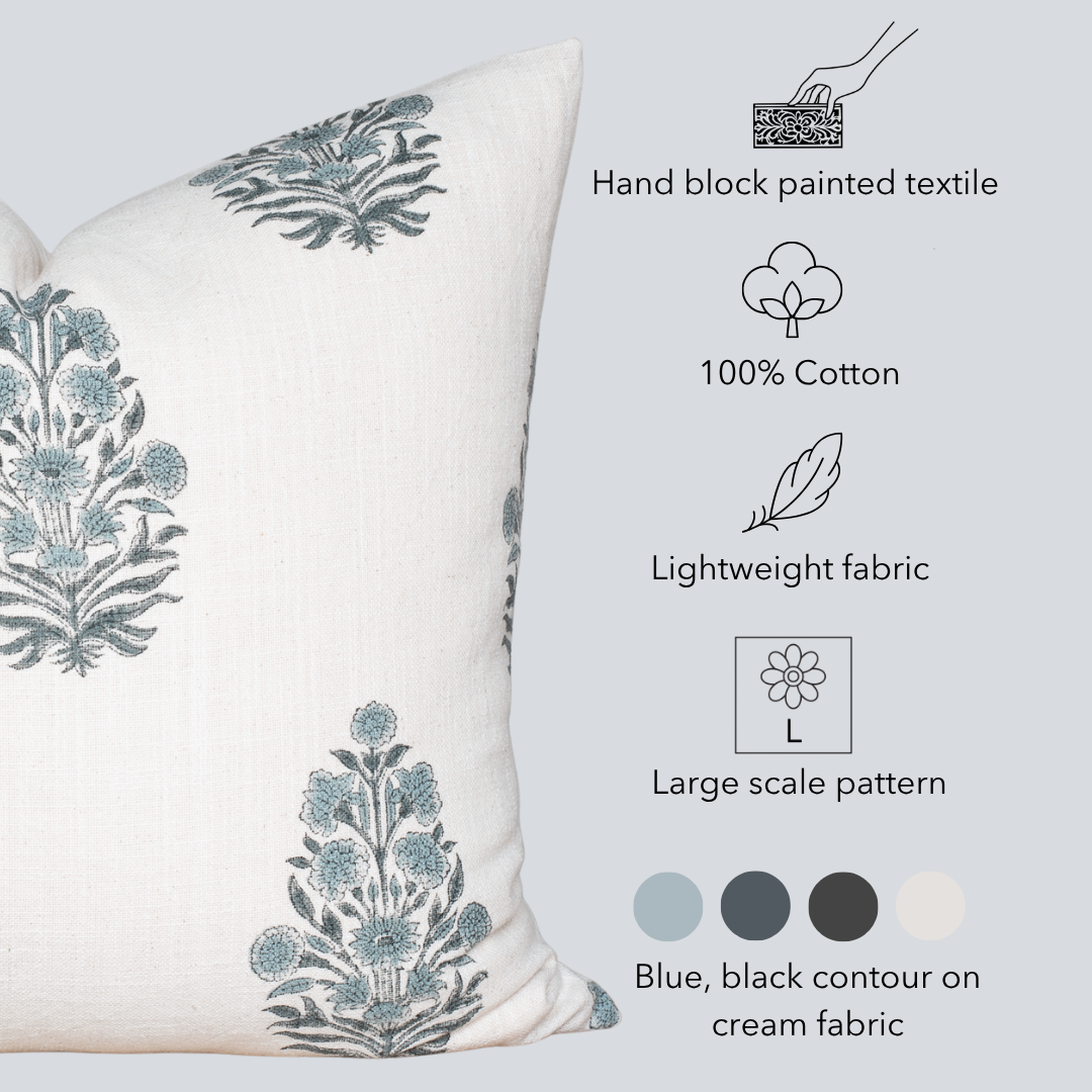 Azure Floral Block Printed Pillow Cover | Blue