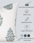 Azure Floral Block Printed Pillow Cover | Blue