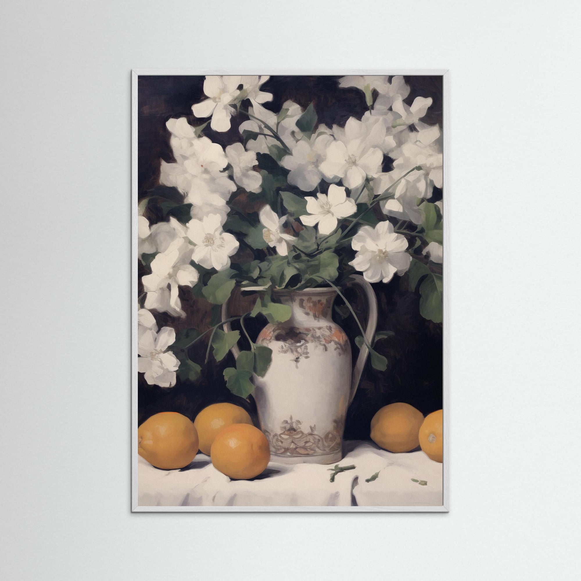 Vintage Fruit and Floral Arrangement Print White Wood No border
