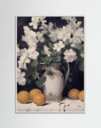 Vintage Fruit and Floral Arrangement Print White Wood No border