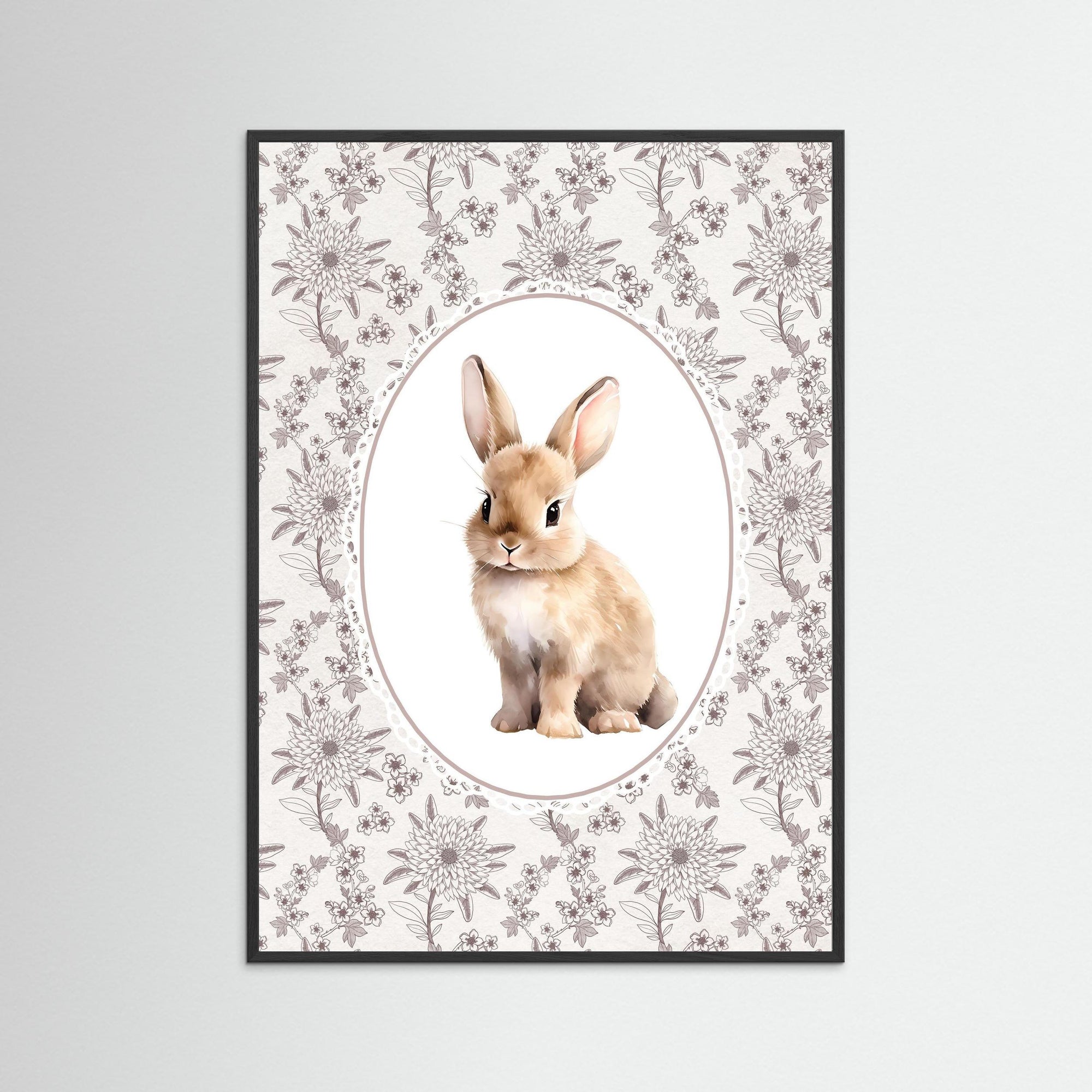 Vintage Style Botanical Bunny Art | Children's Room Decor Black Wood