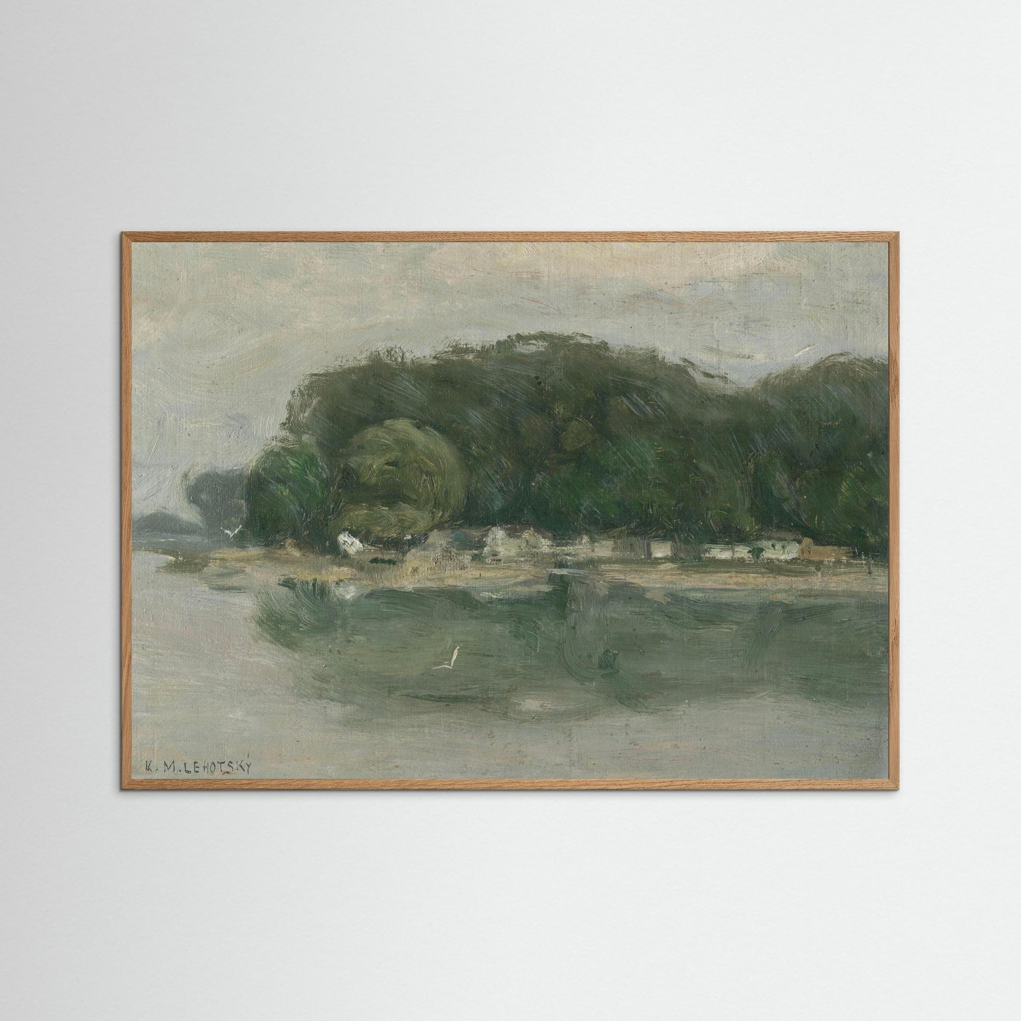 Vintage European Riverside Village Landscape Fine Art Print Oak Nature No border