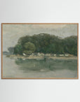 Vintage European Riverside Village Landscape Fine Art Print Oak Nature No border