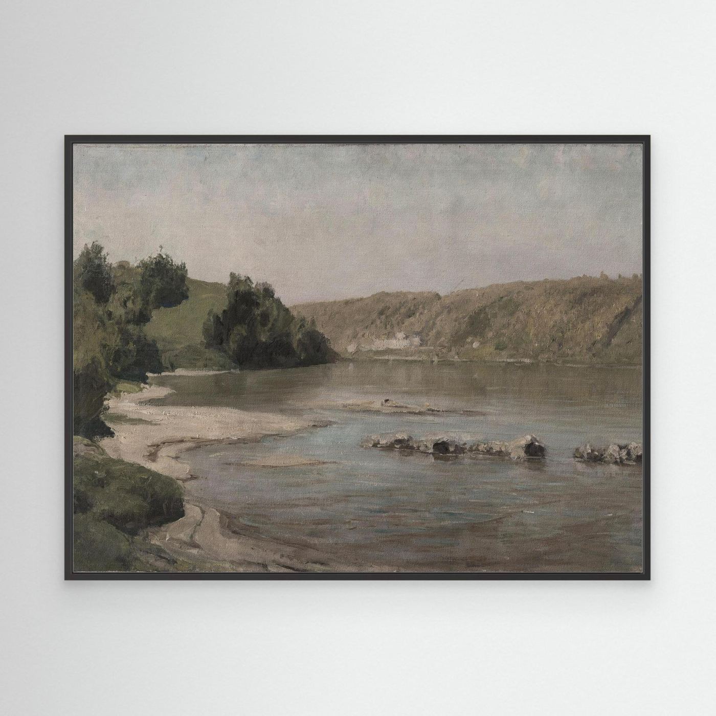 River Landscape Canvas Wall Art | Warm Neutral Nature Print for Living Room Black