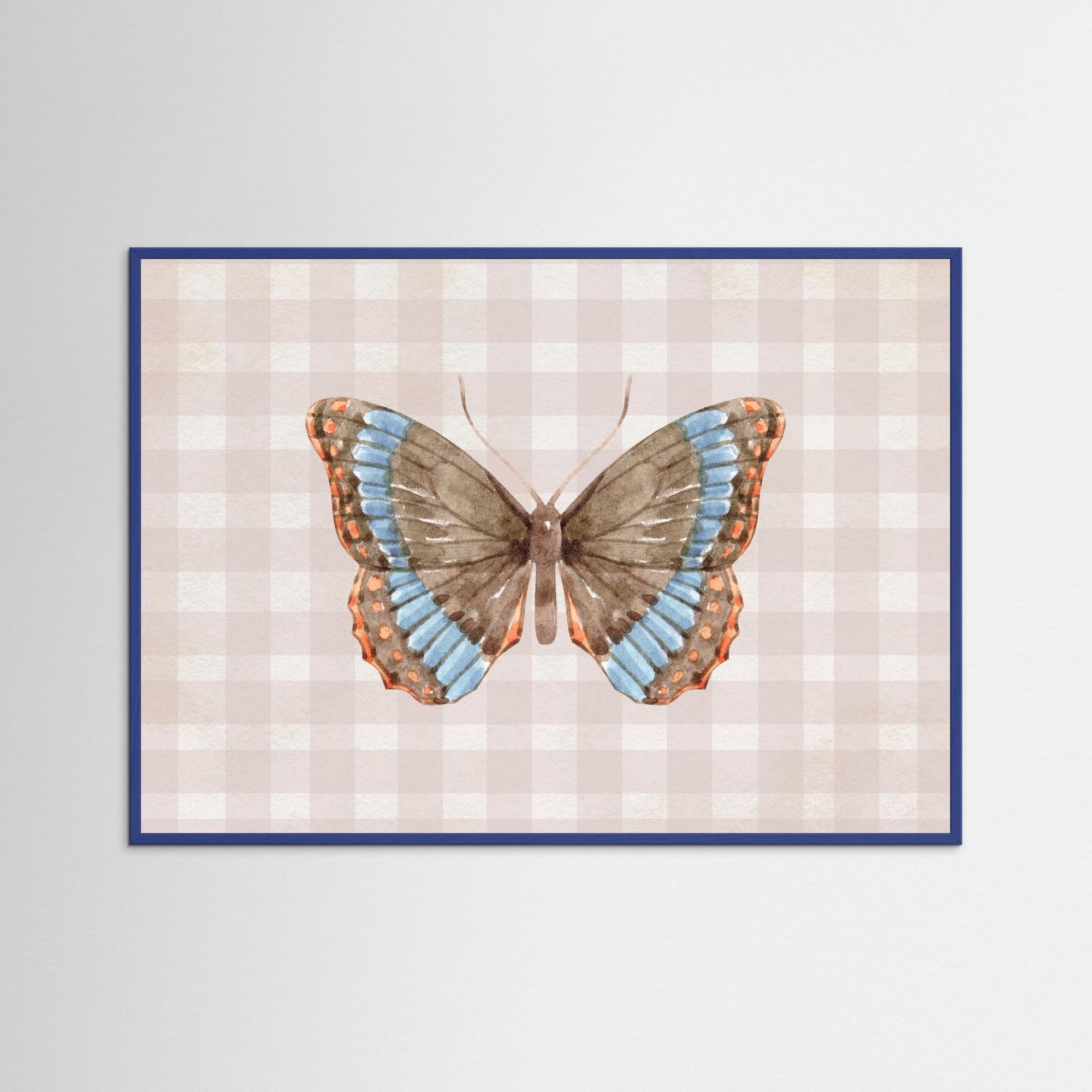 Butterfly on Gingham Art Print | Vintage Cottage Wall Art Blue Wood