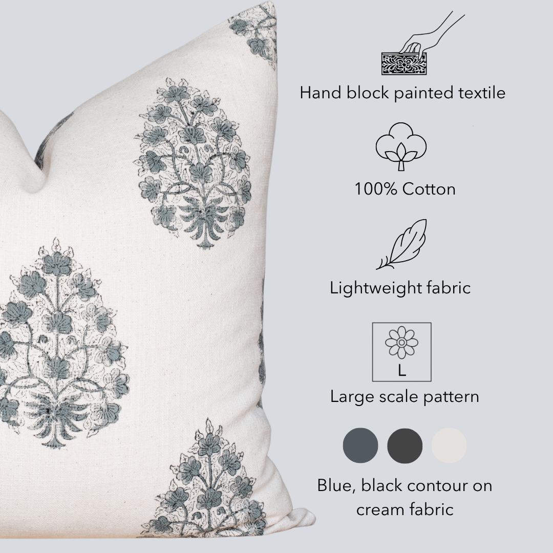 Capri Floral Block Printed Pillow Cover | Blue
