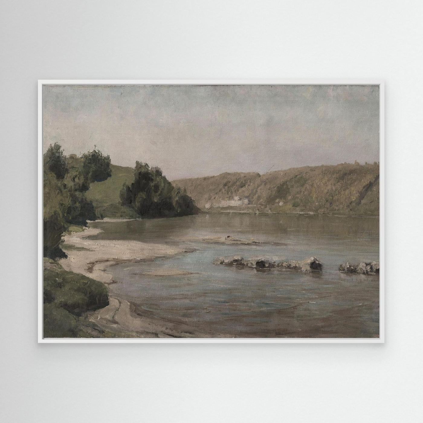 River Landscape Canvas Wall Art | Warm Neutral Nature Print for Living Room White