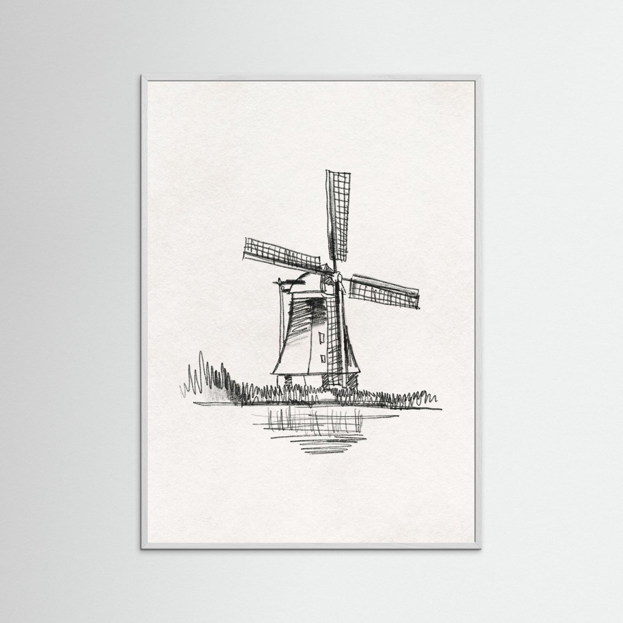 Windmill Sketch Wall Art | Children's Room Decor White Wood
