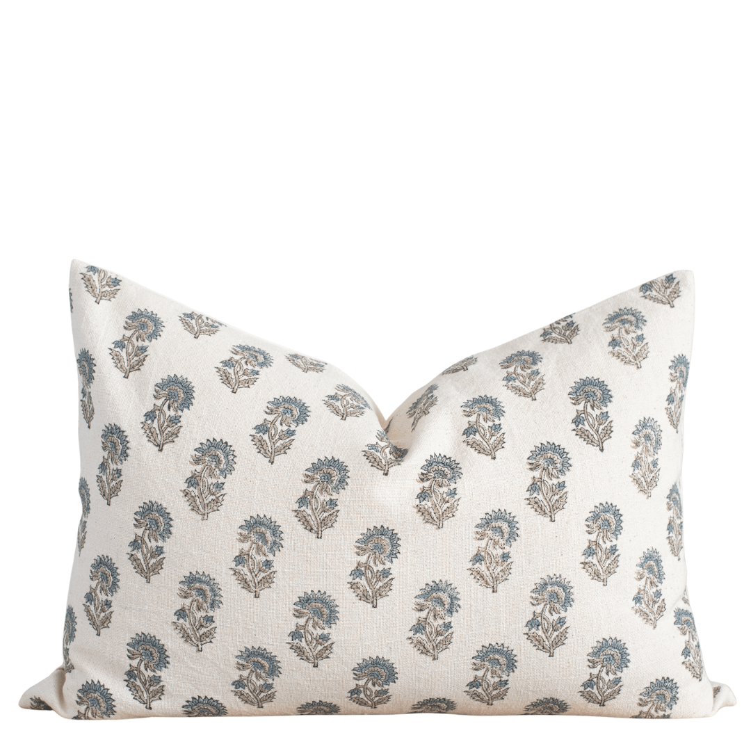 Lark Floral Block Printed Pillow Cover | Blue | Lumbar