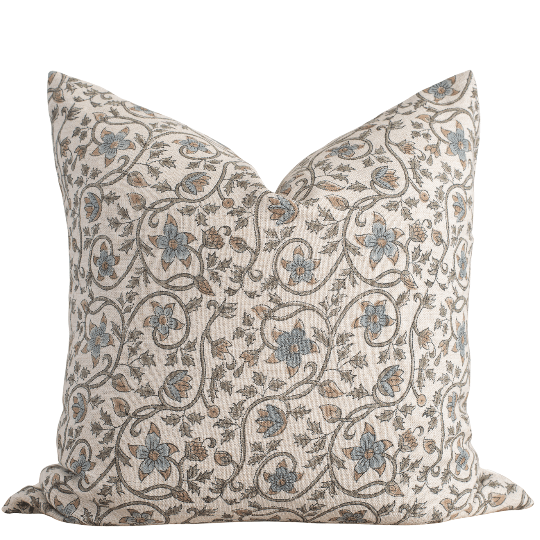 Juliette Floral Block Printed Pillow Cover | Blue, Mustard