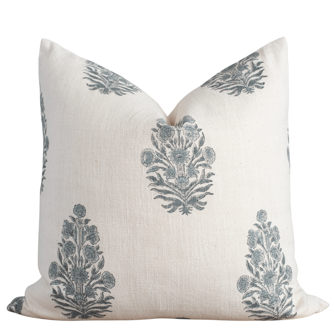 Azure Floral Block Printed Pillow Cover | Blue