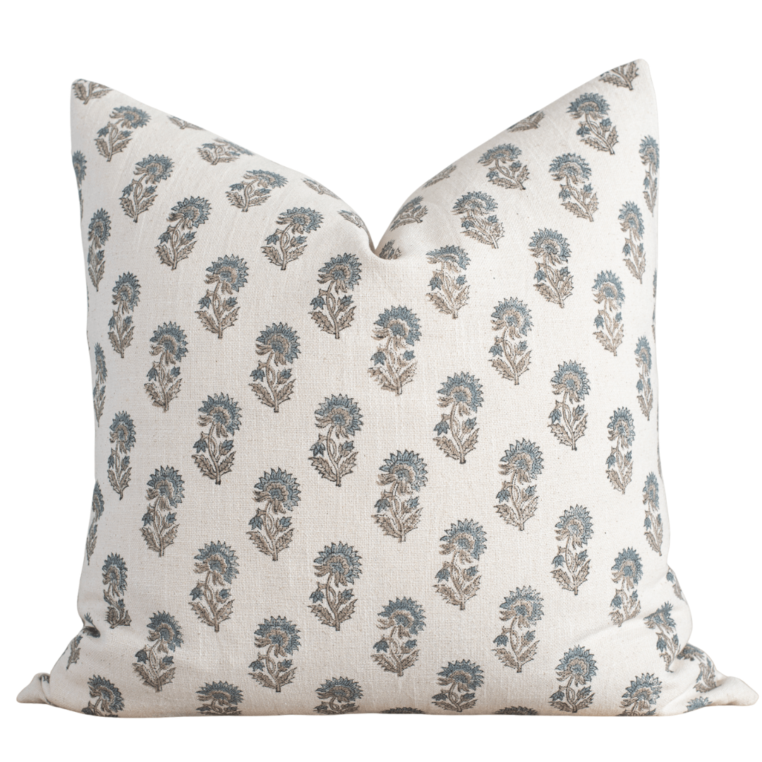 Lark Floral Block Printed Pillow Cover | Blue