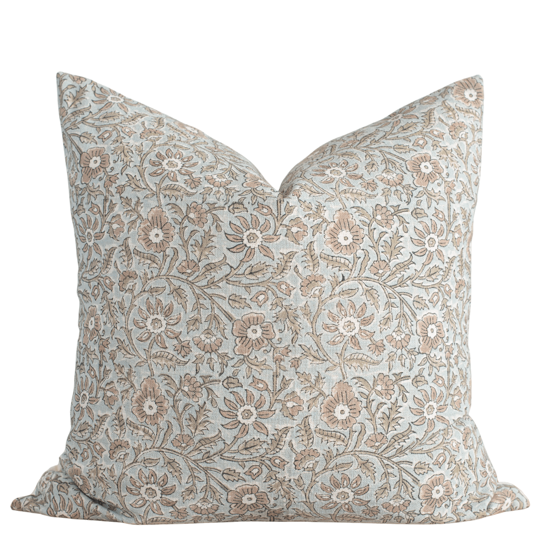Milena Floral Block Printed Pillow Cover | Blue, Green, Light Brown