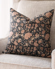 Noor Floral Block Printed Pillow Cover | Black, Brown, Blue, Taupe