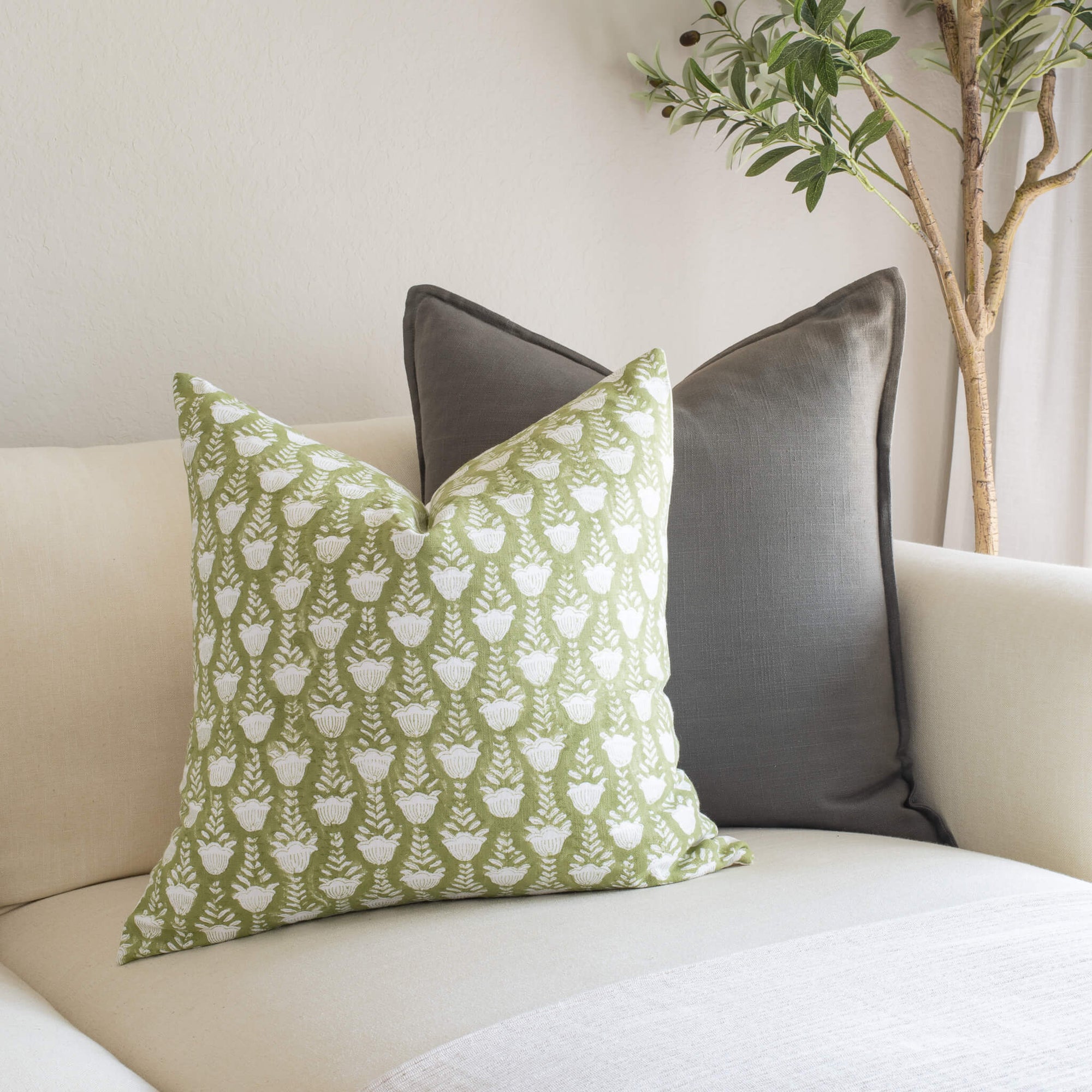 Irving Floral Block Printed Pillow Cover | Green