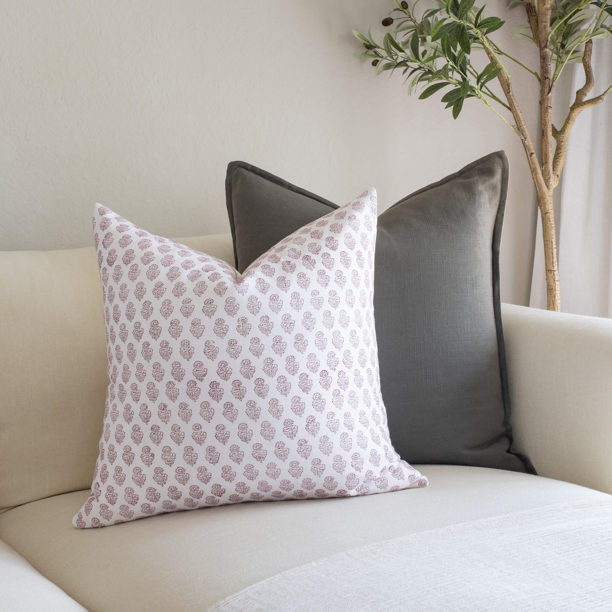 Lucie Floral Block Printed Pillow Cover | Burgundy