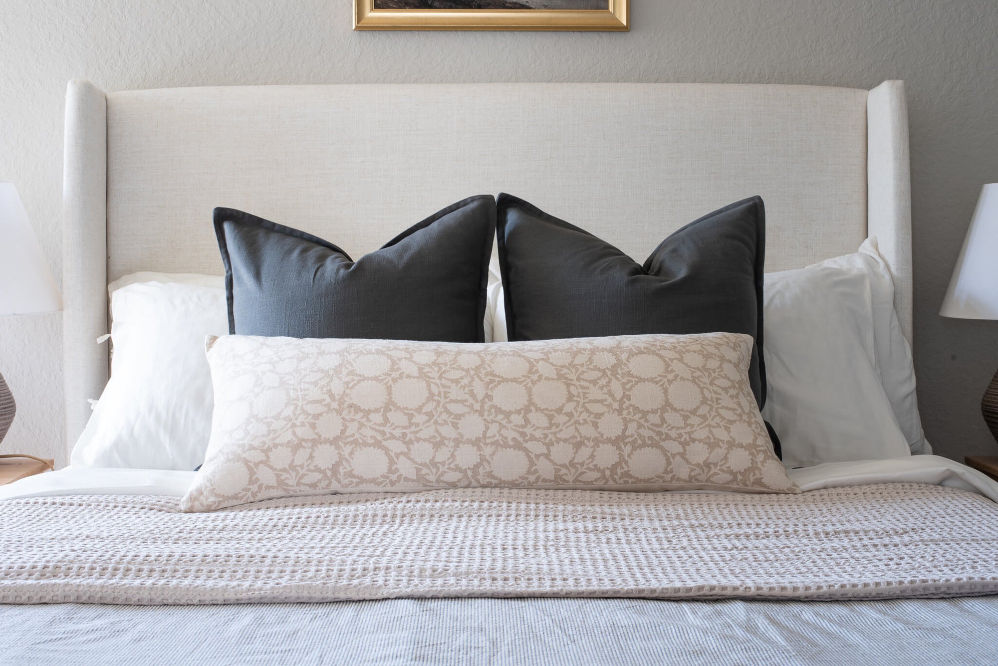 Luana Floral Block Printed Pillow Cover | Beige, Light Brown | Lumbar